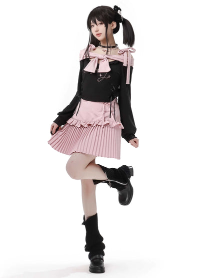 Knit Pink Ribbon + Straps Black Off-Shoulder Top