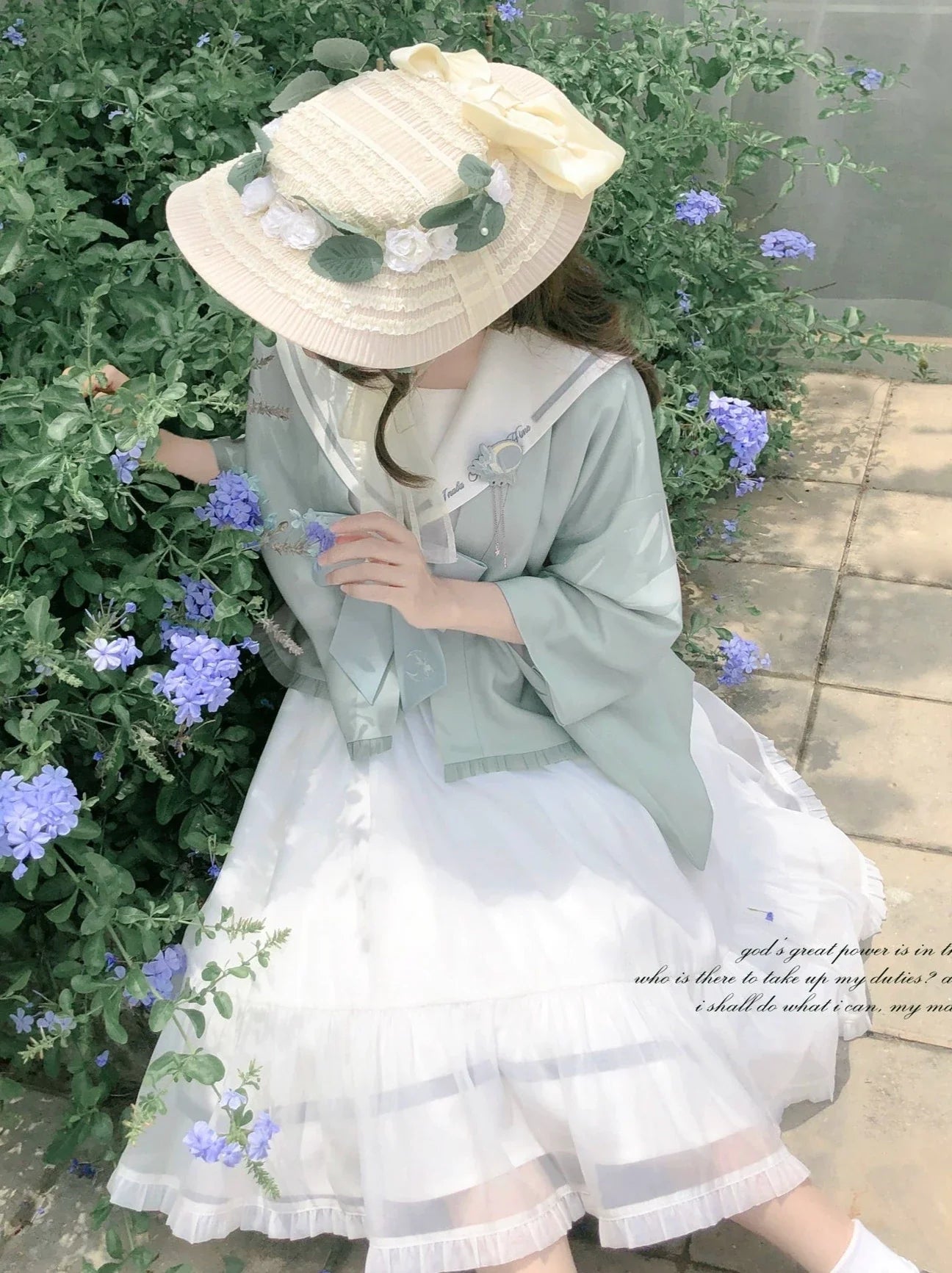 Tie Collar Puff + Sleeve Sailor Haori Tulle Dress Ribbon + Badge Overskirt