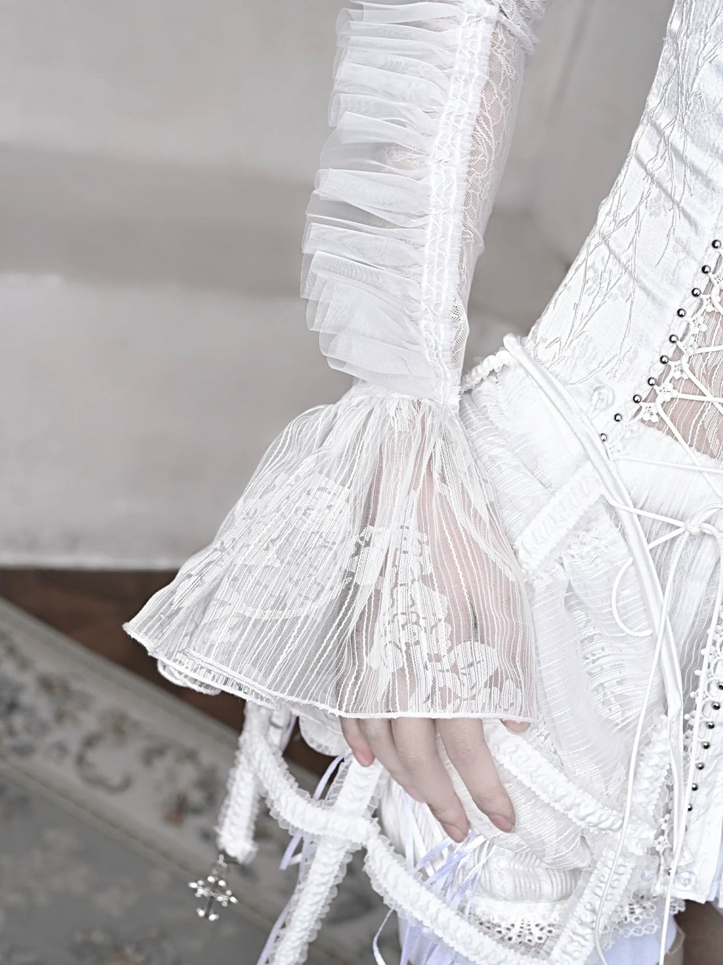 Schlafender Stand Gothic Kragen Chiffon Jacke Puff Weiß Kurz Alice Sheer Ärmel