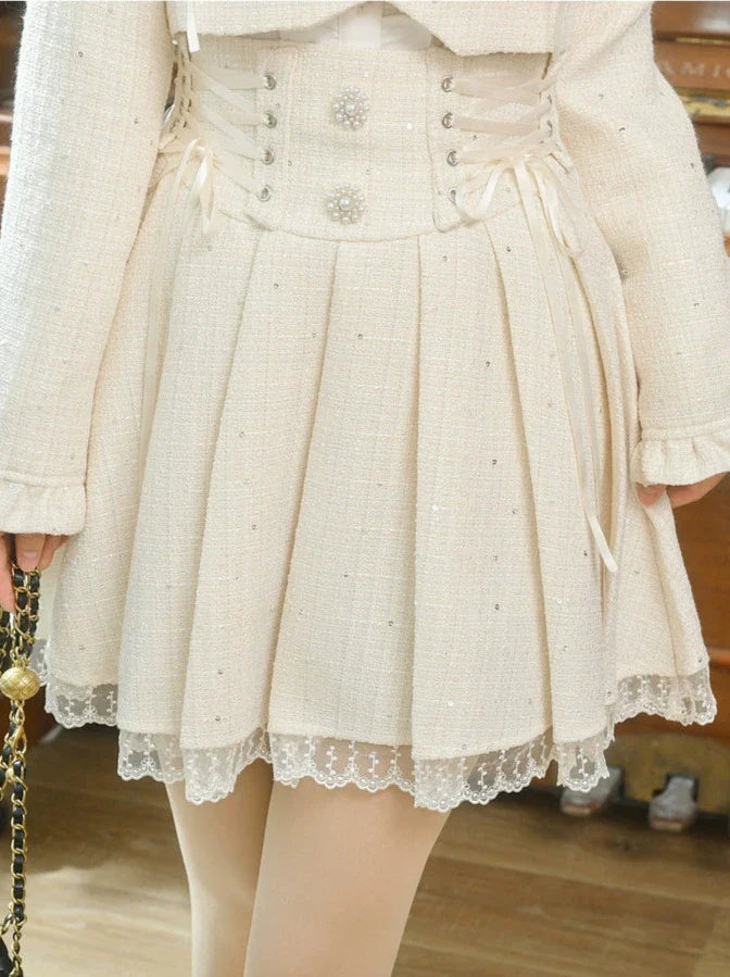 Set-up + Short Frilled Skirt Tweed Lace-up Jacket Pleated