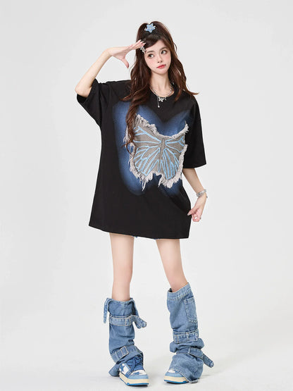 Sheer Loose Blue T-Shirt Butterfly Big