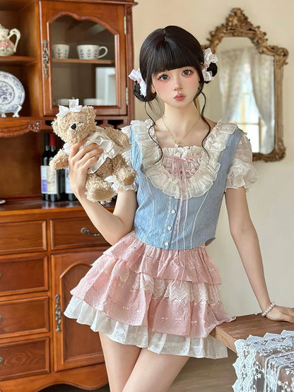 Ruffle Sleeve Vest + Balloon Shirt Puff Skirt