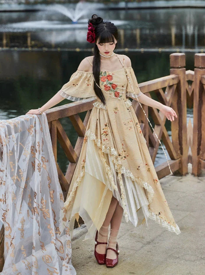 Elegante Träger Quadratischer Kragen Rose Off-the-Shoulder Kleid Unregelmäßig