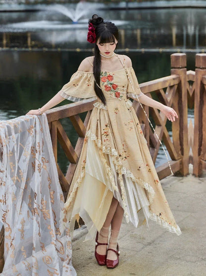 Elegante Träger Quadratischer Kragen Rose Off-the-Shoulder Kleid Unregelmäßig