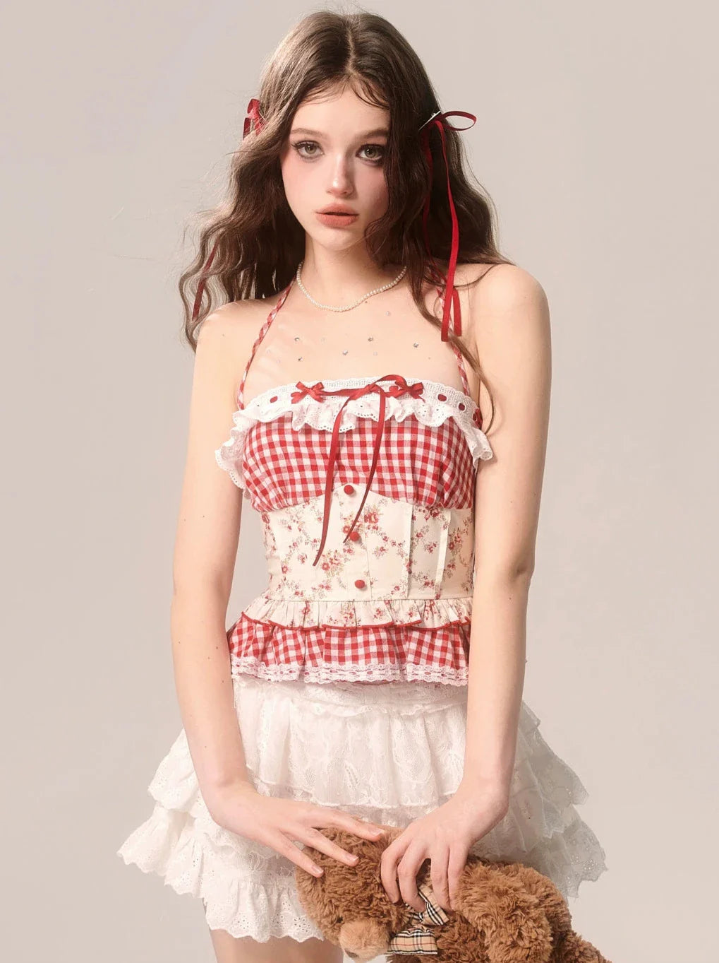 Erdbeer-Top, Neckholder, Kuchen-Hosenträger, kariert, Spitze
