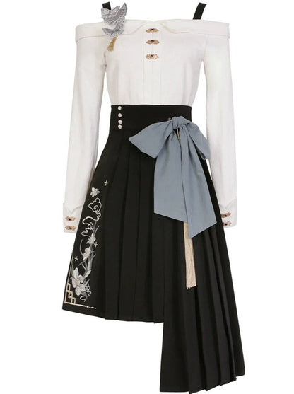 Top Schnalle Taille Asymmetrische Rock + Große Schleife Off-Shoulder China Hohe