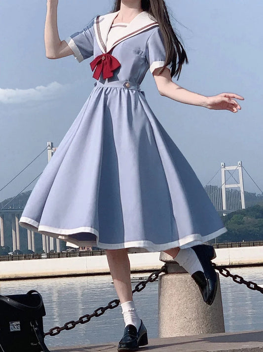 Farbe Sailor + Kamille Ribbon Kleid Elegante Blaue Route Krawatte Grau