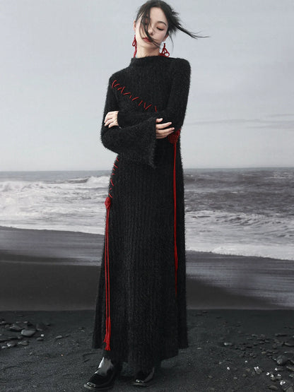 Kontrastkleid Rose Unregelmäßig Rot Strickärmel Dunkel Schwarz Glocke