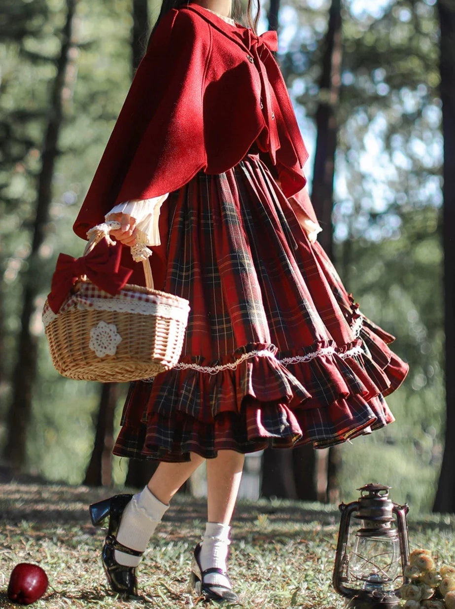 Shirt Little Red Tiered Pleated Dress Scarf Head Riding Ribbon Coat Hood Check Collar Cape