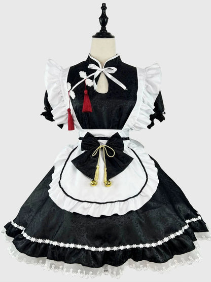 Maid China Black Ribbon Sleeve. Apron and Sleeve and Dress Long Short Set White