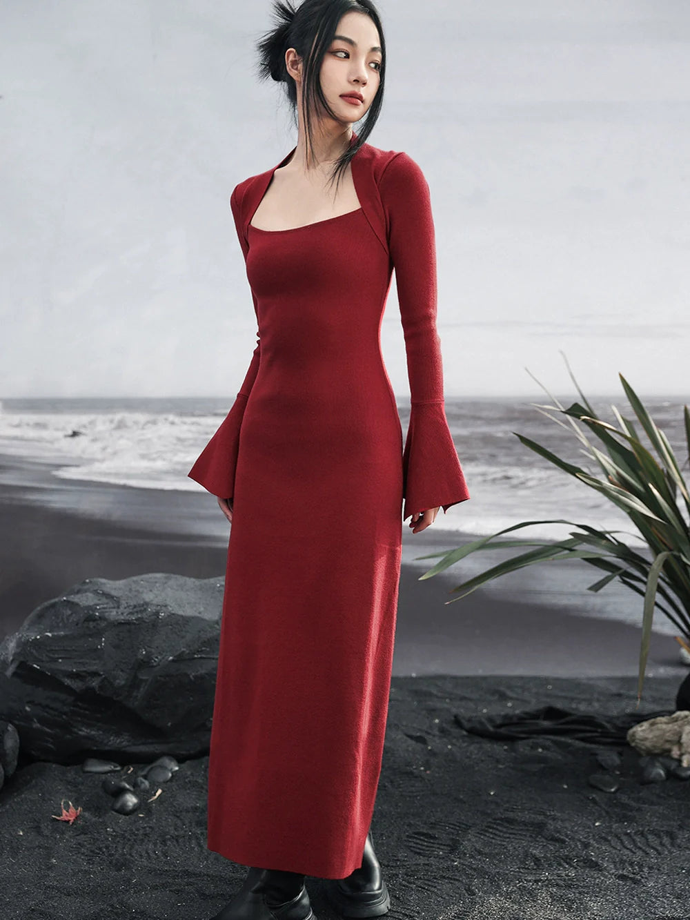 Retro Glockenkleid Dunkelrot