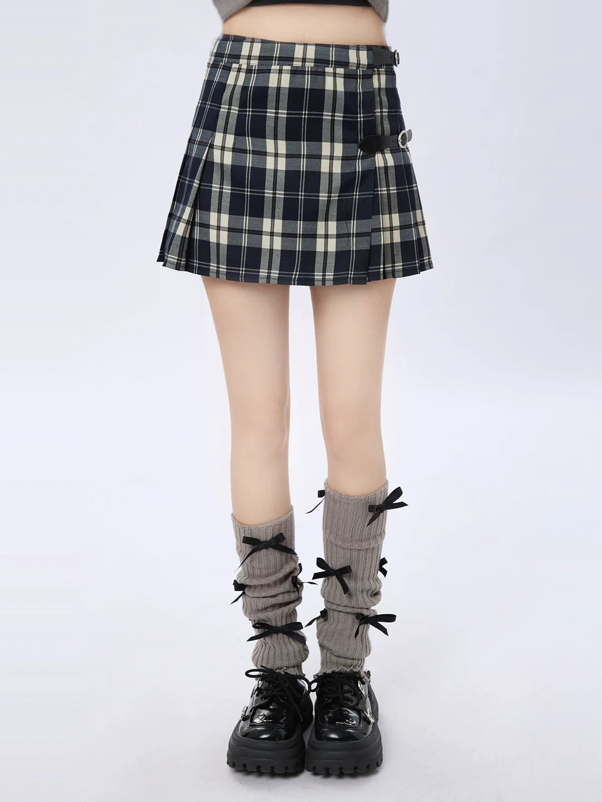 バックルレザー風チェックスカート カレッジレトロ