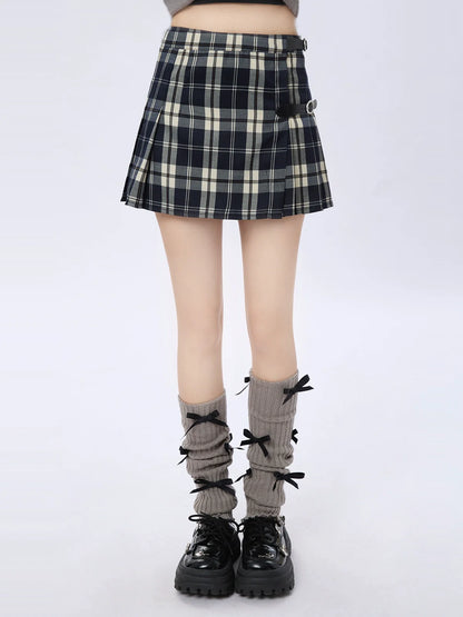 バックルレザー風チェックスカート カレッジレトロ