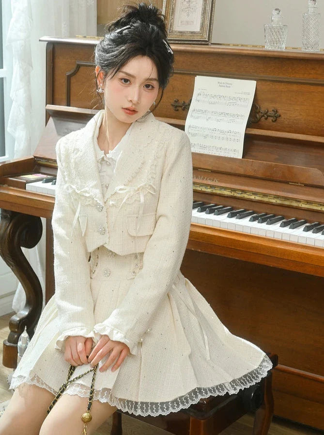 Set-up + Short Frilled Skirt Tweed Lace-up Jacket Pleated
