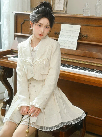 Set-up + Short Frilled Skirt Tweed Lace-up Jacket Pleated