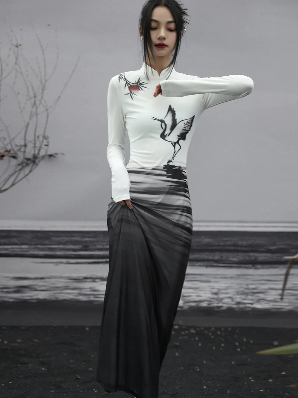 Langes Kleid Malerei Strick Slim China Print Tinte