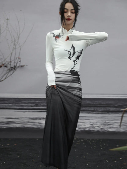 Langes Kleid Malerei Strick Slim China Print Tinte