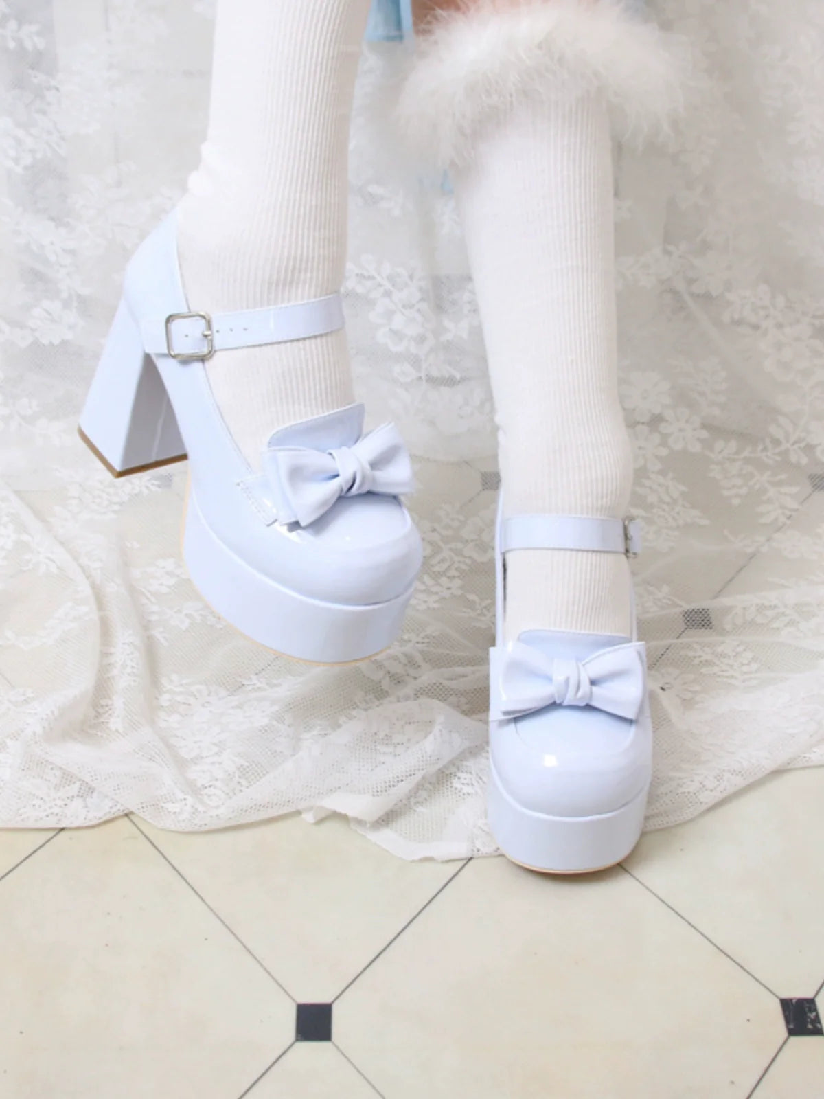 Lolita Single Heel Round High Ribbon Toe