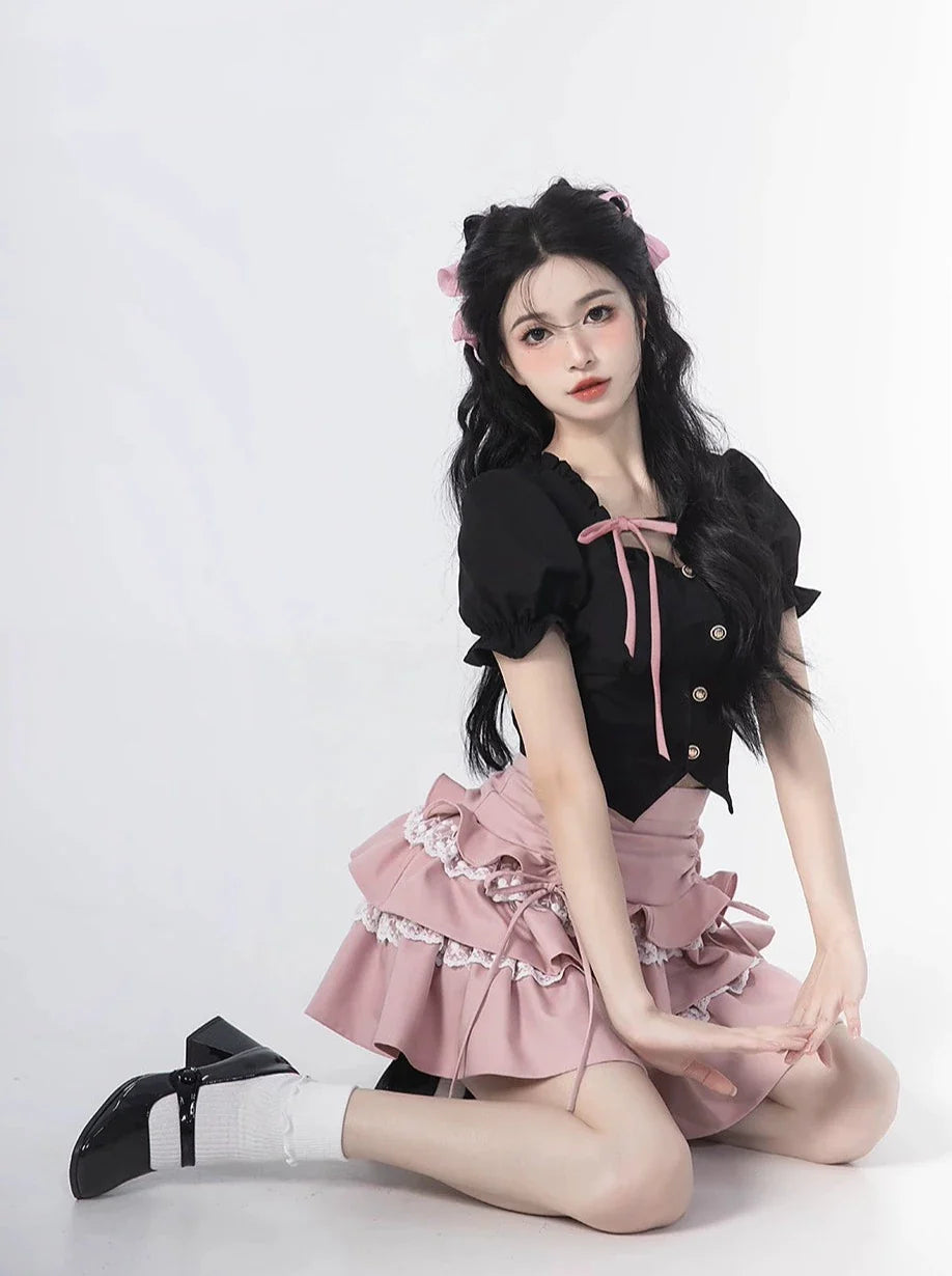 Ärmel + Rock Kuchen Quadrat Spitze Top Rüschen Hals Puff