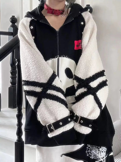 Raglan-Kapuzenpullover mit Reißverschluss und Totenkopf-Ärmeln