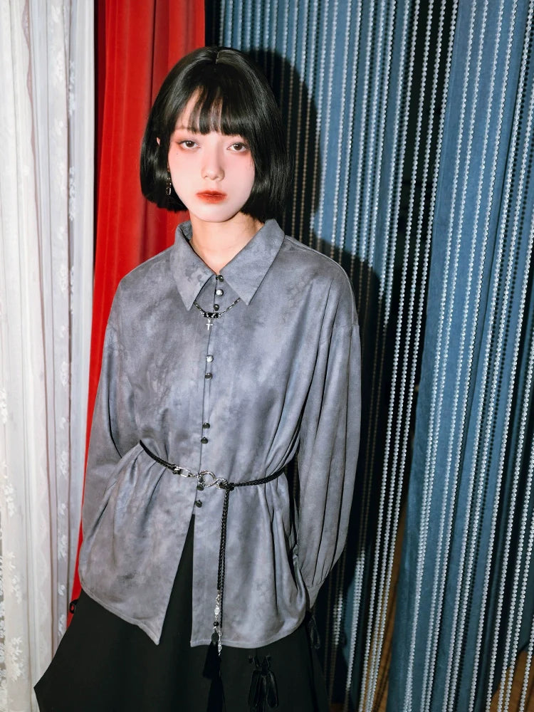 プリントスエードチャイナドラゴンシャツレトロ