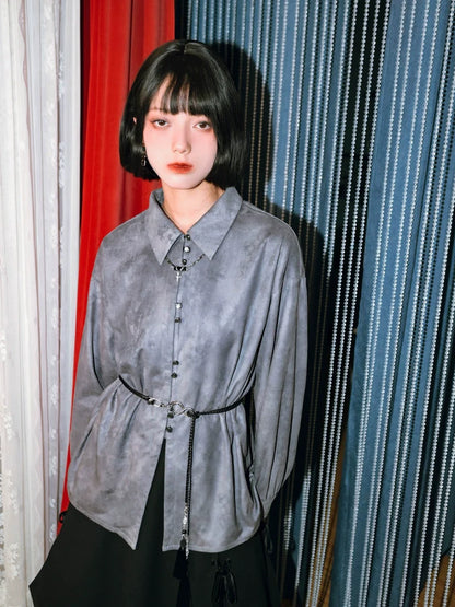 プリントスエードチャイナドラゴンシャツレトロ