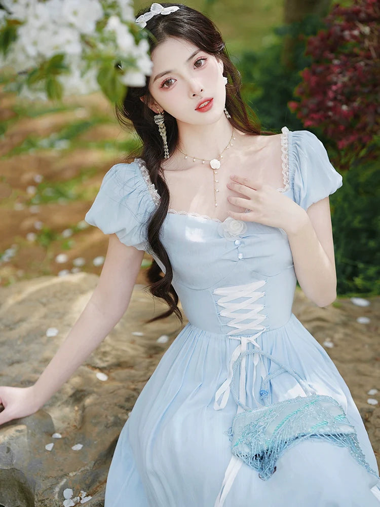 レースアップドレス ウエストネック フランス スクエア T-ブレイク