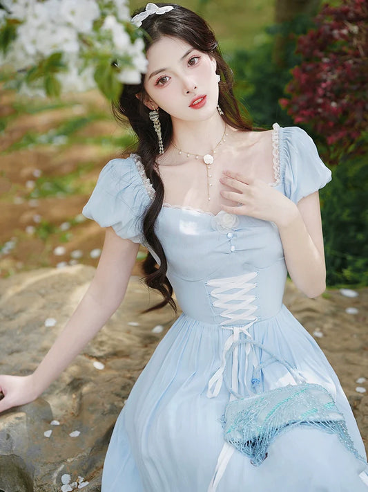 レースアップドレス ウエストネック フランス スクエア T-ブレイク