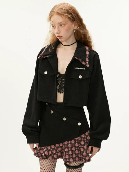 アシンメトリーフラワーショートパンツ＋カラースカートフラワージャケット