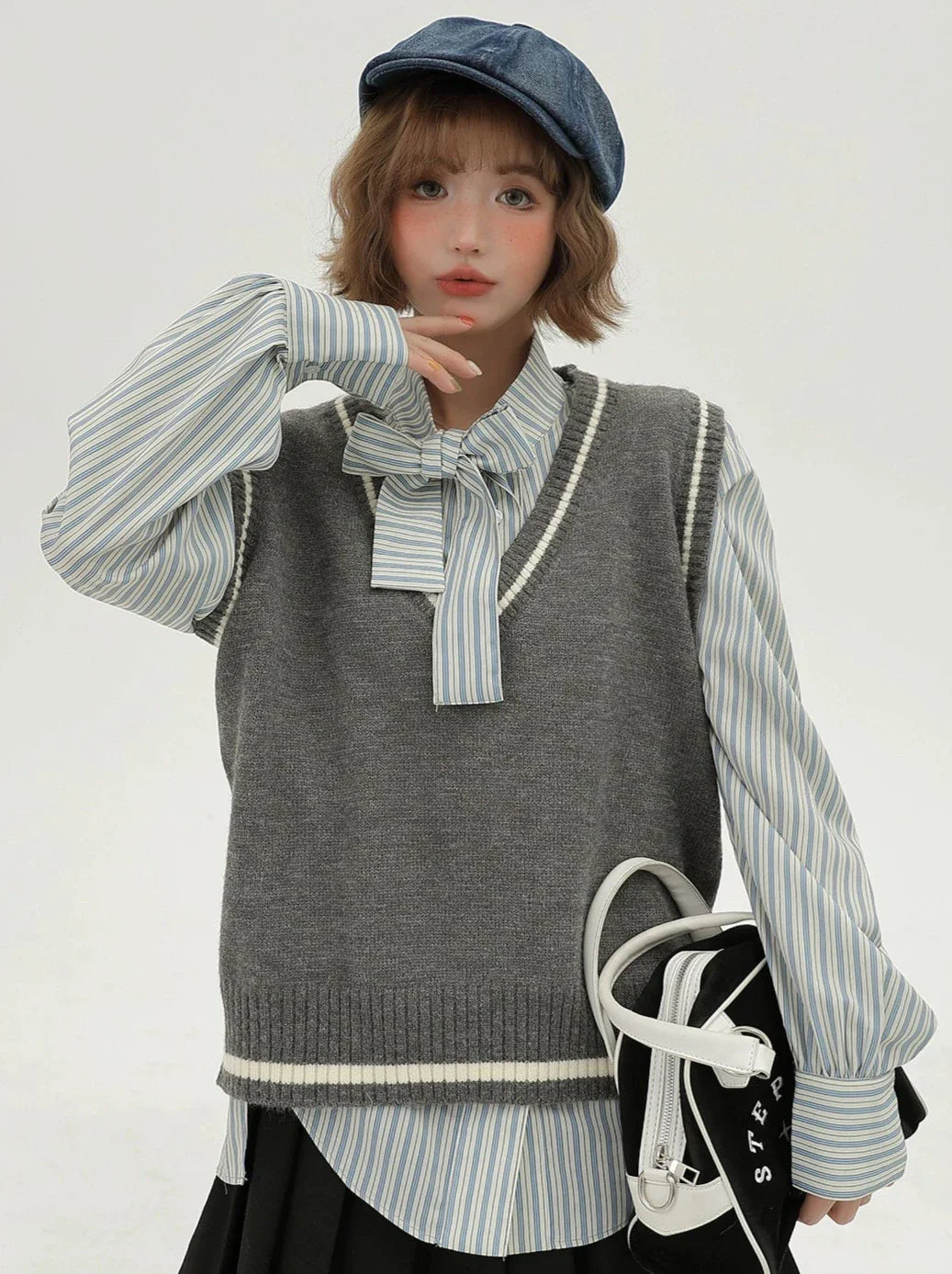 Style Korean Vest + Striped V-neck Shirt