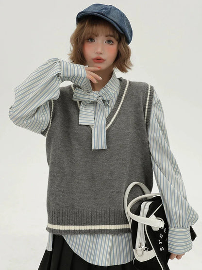 Style Korean Vest + Striped V-neck Shirt