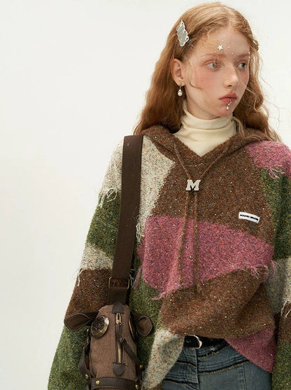 フード付きカラーレトロブロックニット