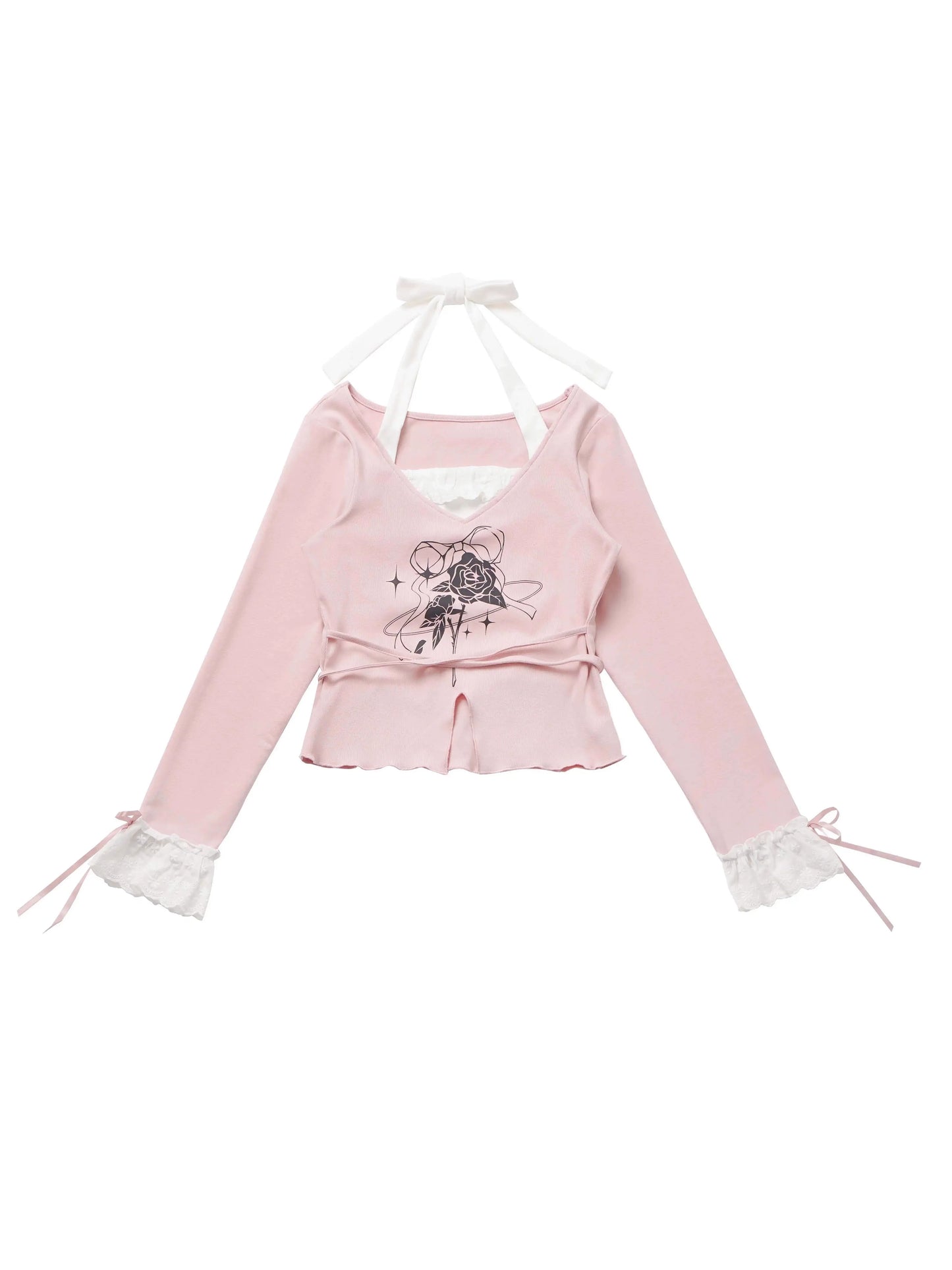 レーストップ、ホワイト、ガーリーフラワースカートセットデザイン、ピンク