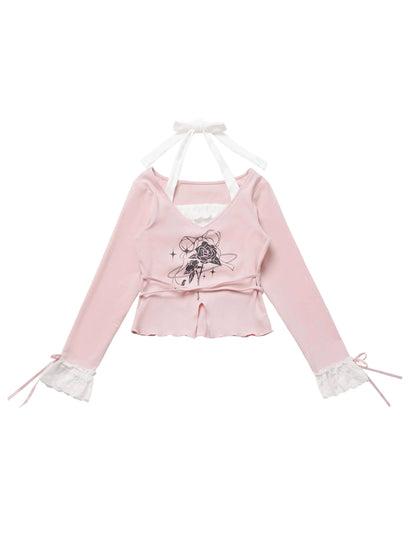 レーストップ、ホワイト、ガーリーフラワースカートセットデザイン、ピンク