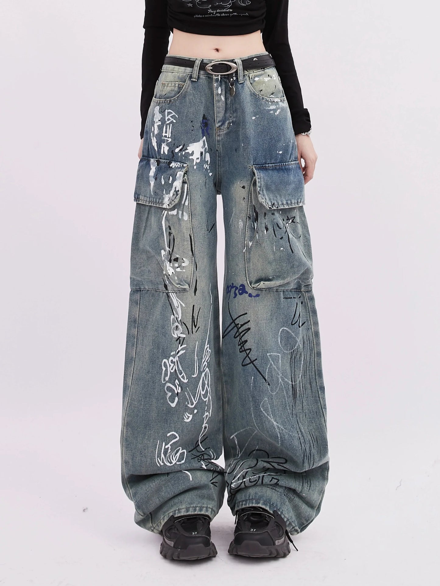 Double Pants Denim Art Illustration Pocket