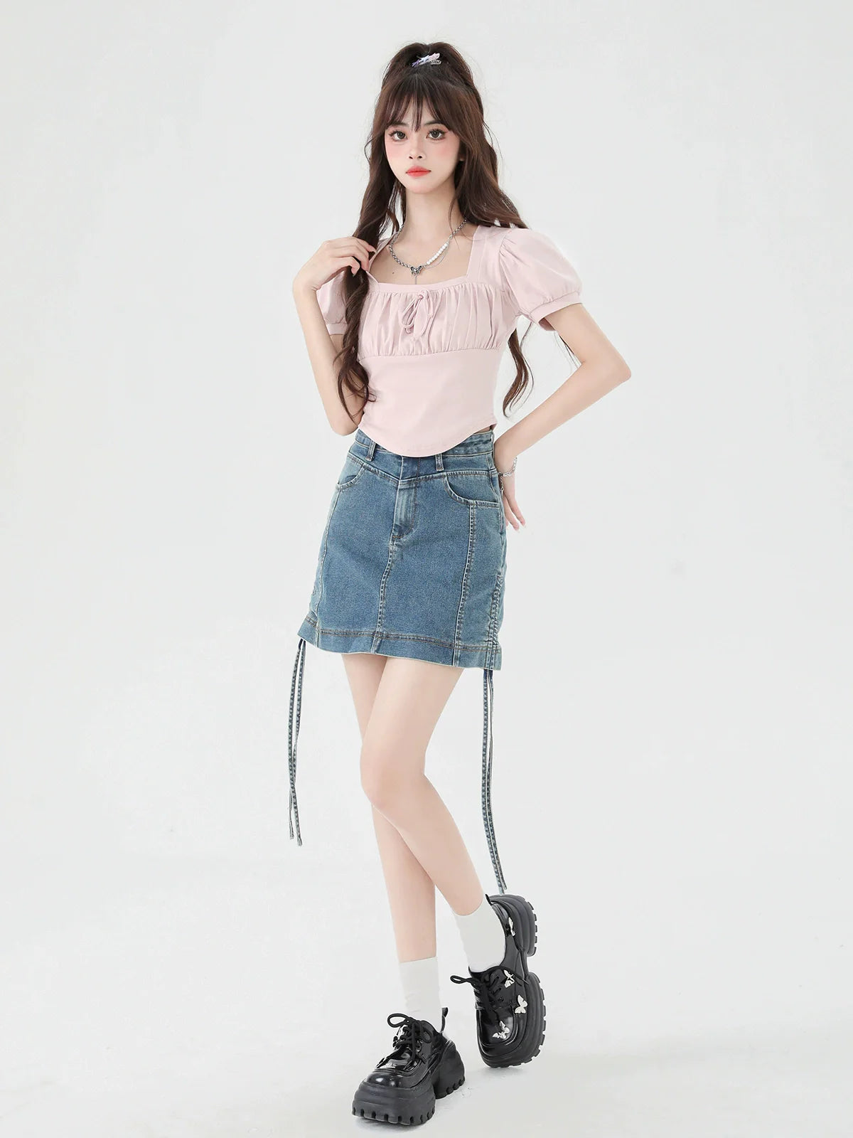 ネックパフスクエアショートトップスリーブ