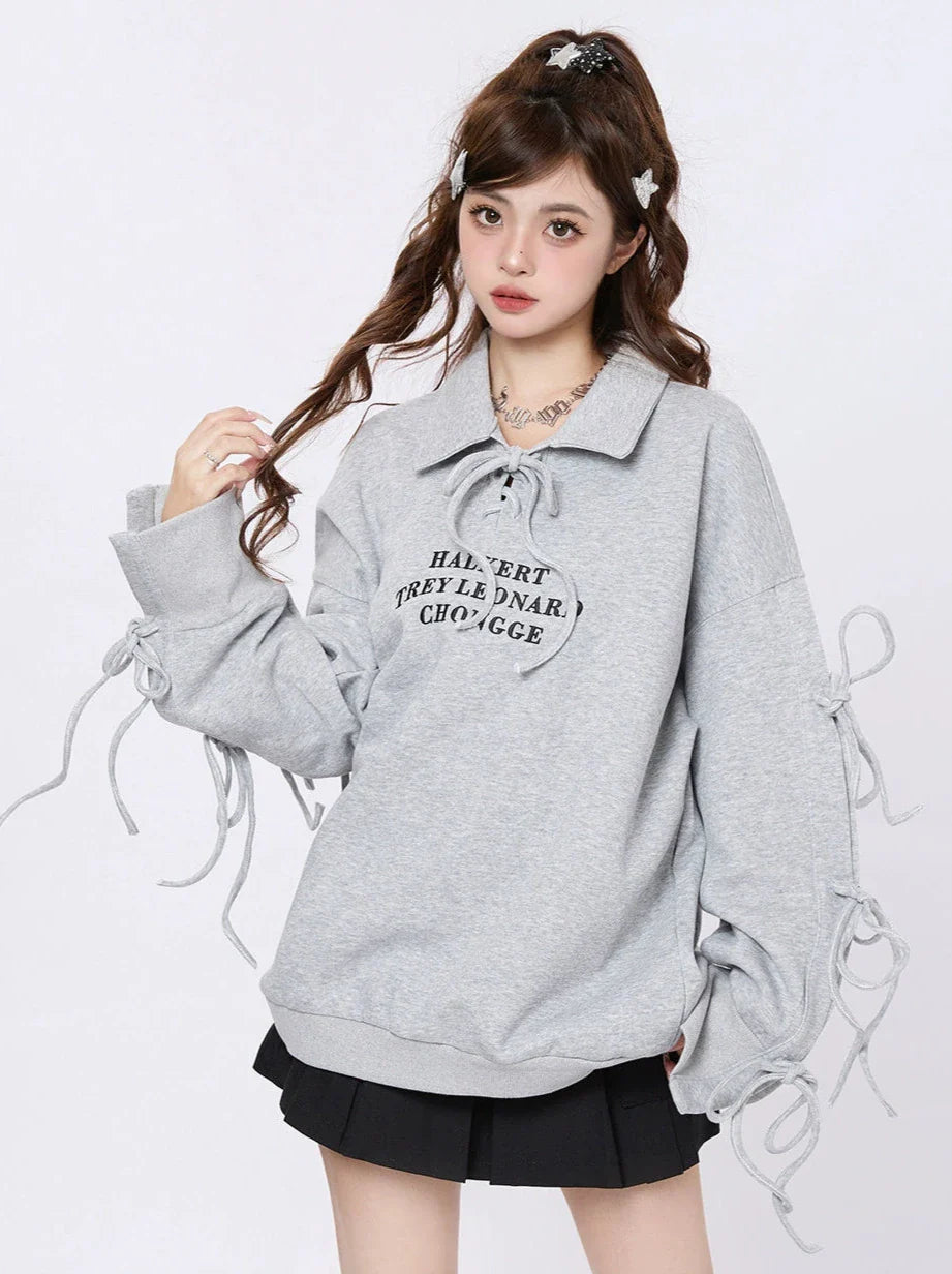 Polo Strap Design Sweatshirt Loose Collar
