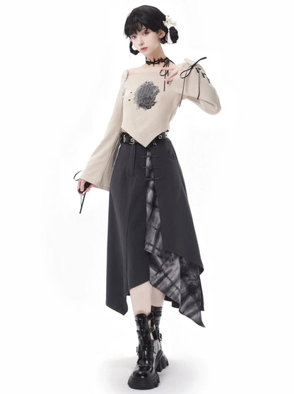 Schnürung + Ärmel + Top Rock Hose Beige Unregelmäßig Weit