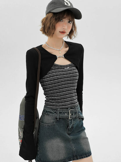 キャミソール アメリカン カーディガン ストライプ ショートピース セット トップス ブラック ツー