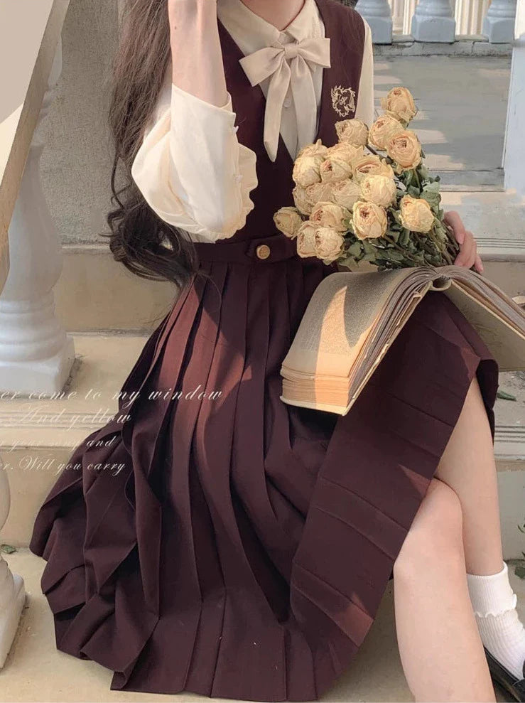 Chiffon Skirt Style Ribbon Inner Accessories V-Neck Cream Shirt College Vest