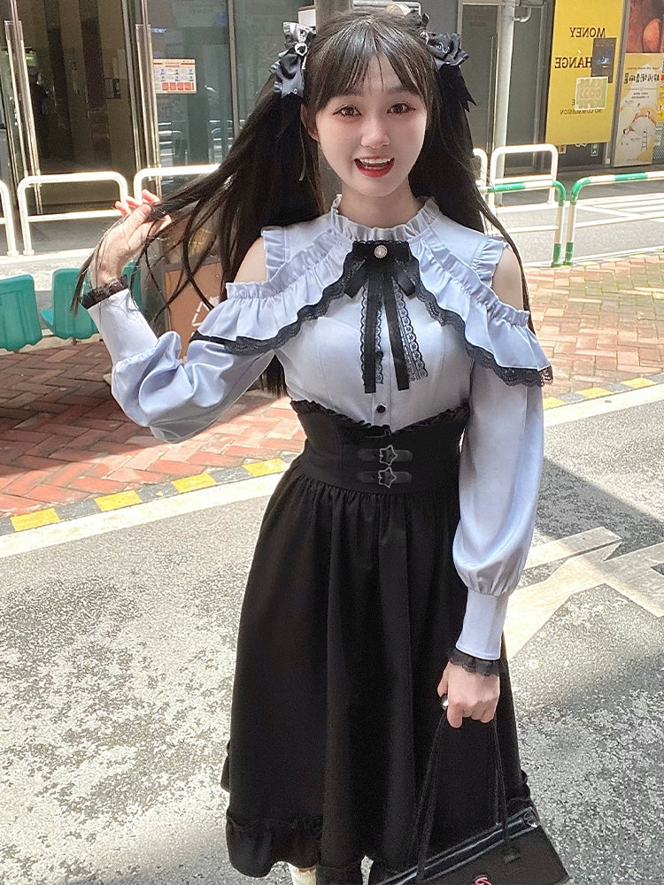 Bluse + ausgestellter Schulterrock mit offener Taille und hoher