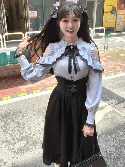 Bluse + ausgestellter Schulterrock mit offener Taille und hoher