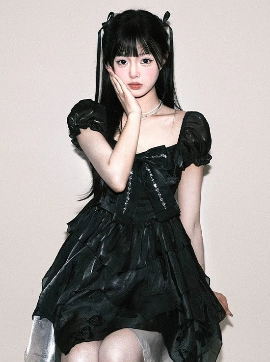 ノースリーブボウブラックパフリボンドレス