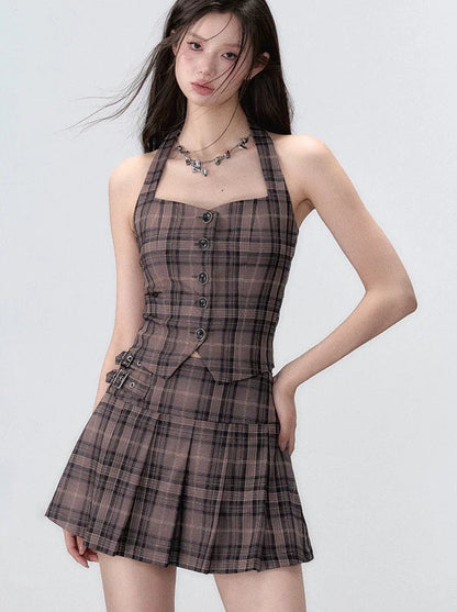 Retro Suit Piece Sleep Style Skirt Pleated Jacket College Vest