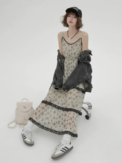 ドレス プリント サスペンダー ティアード フローラル レース