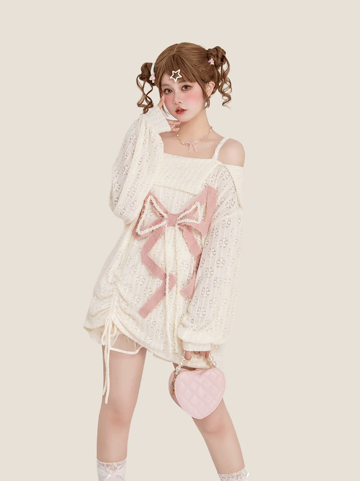 オフショルダーデザインガーリードレス リボンビッグ