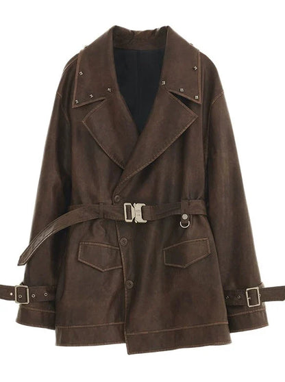 Damaged Mode Lederjacke + Mittellanger Rock + Ledermantel mit Taillengürtel