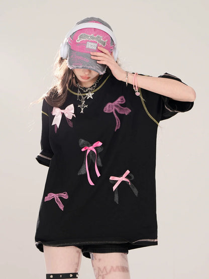 Tシャツ ストリート ラウンドプリント リボン アメリカン デコ ネック ルーズ