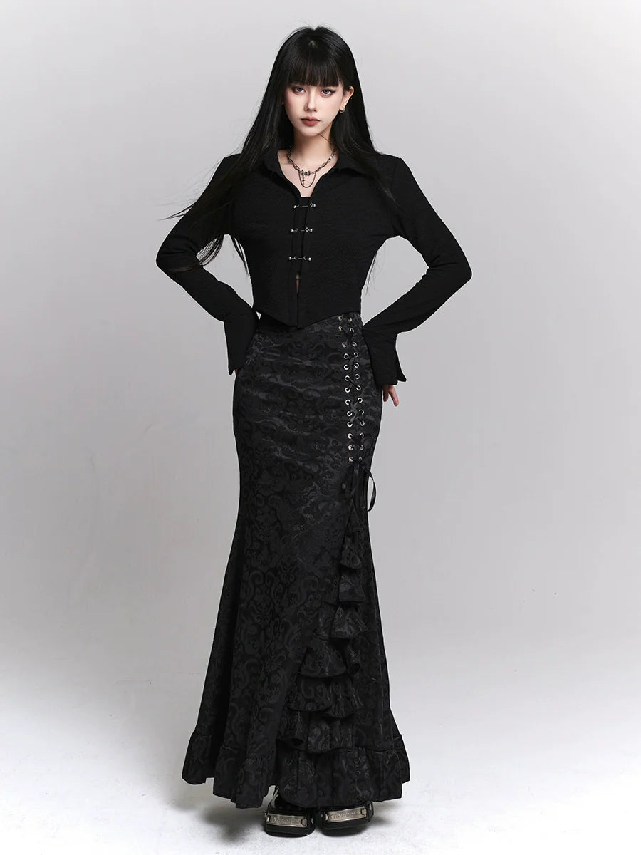 サイドフレアレースアップダークスカートウエストフリル