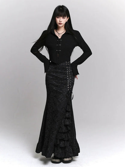 サイドフレアレースアップダークスカートウエストフリル